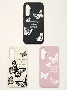 3pcs Butterfly Pattern Phone Cases, Motivational Slogan Positive Energy Phone Cases, Faux Leather Texture Black White Pink Shockproof Protective Covers, Compatible With IPhone & - Multicolor - View 17