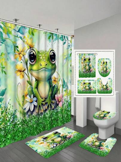 1/4 件套可爱青蛙图案浴帘套装，闪光花卉浴室套装，浴室帘，含浴帘和地毯，涤纶面料浴帘浴室装饰，带 12 个挂钩