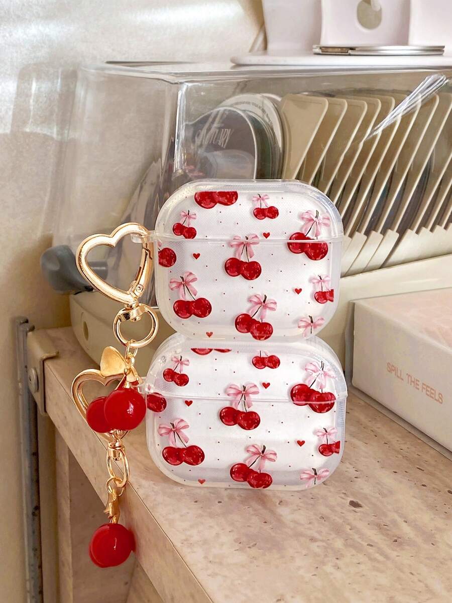 母亲节可爱樱桃耳机套，夏季假期可爱樱桃耳机套，带樱桃吊坠，1个樱桃粉色蝴蝶结印花蓝牙耳机套，加厚透明TPU防摔保护套，少女心形设计蓝牙耳机套，兼容耳塞套，适合少女心爱好者、粉色控、生日及日常使用