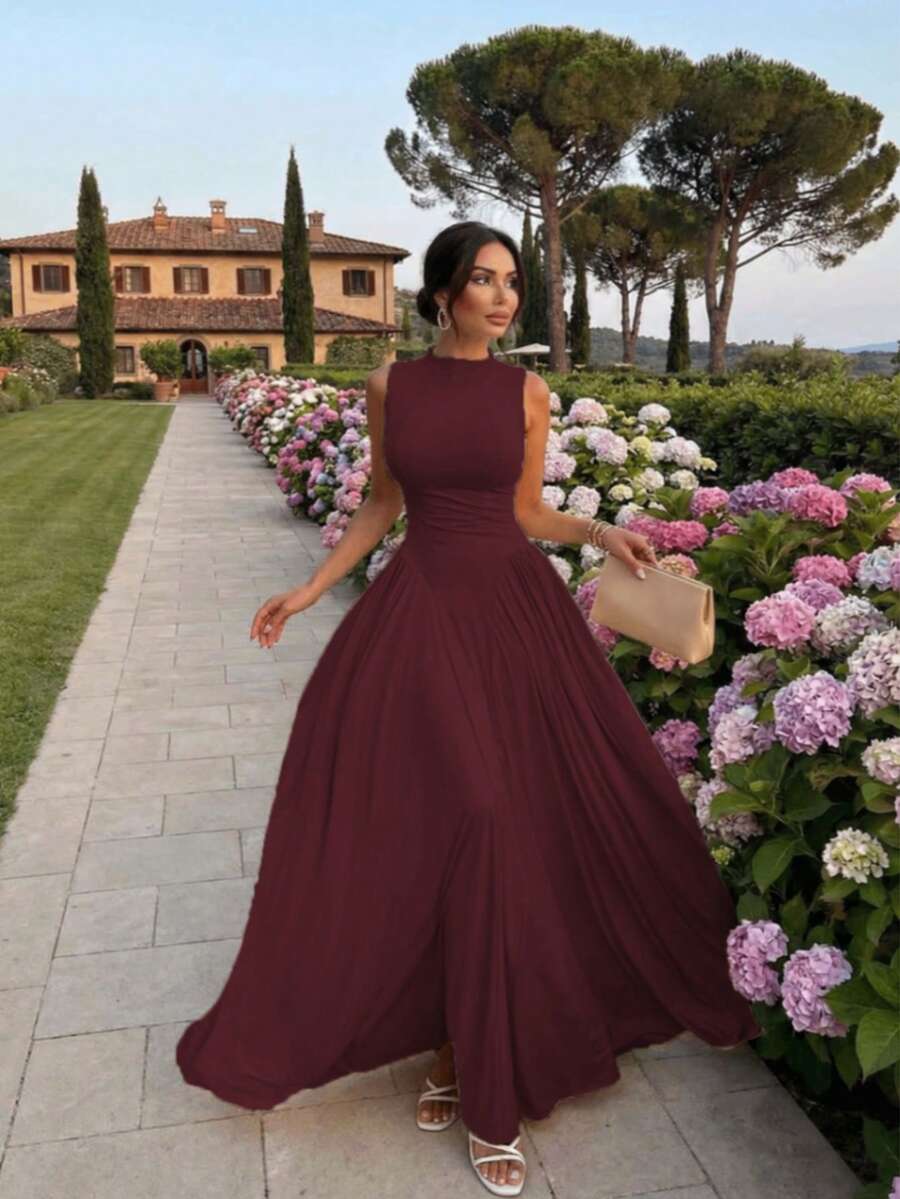 纯色优雅法式时尚圆领无袖褶皱腰身修身迷你鸡尾酒连衣裙，女士夏季连衣裙，女士优雅连衣裙，女士休闲连衣裙 - 酒紅色 - 查看 1