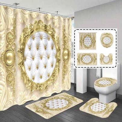 1pc/4pcs Bathroom Shower Curtain Set, Bathroom Decor, Bathroom Rug, Home Decoration, Bath Mat, Floral & Pearl Pattern, Gift, Elegant Theme, Bathroom Set, Comes With 12 Hooks