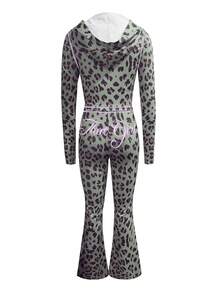 LovelyWholesale Women'S Cute Hooded Long Sleeved Letter Leopard Print Zipper Jacket And Flared Pants Set Spring Break Outfits Summer Clothes Vacation Outfits - Army Green - View 7