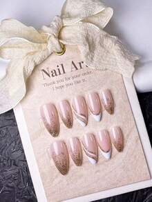 10 قطعة ملصقات أظافر يدوية الصنع، أظافر قصيرة، أظافر مزيفة، أظافر بشكل لوز، مناكير فرنسي، أظافر بطراز Y2K، أظافر جميلة، أظافر وردية، أظافر بيضاء، أظافر ذهبية، أظافر بنية، مع لمعان اللؤلؤ الساطع. تشمل أدوات الأظافر للتطبيق والإزالة السهلة. مناسبة للنساء والفتيات لاستخدامها اليومي ومناسبات خاصة لوازم الأظافر - زهر ذهبي - مشاهدة 3