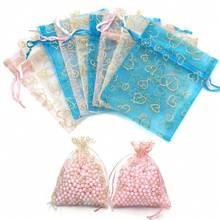 5 túi quà tặng hình trái tim bằng vải organza phủ bột vàng, túi lưới có dây rút 10*14cm, túi đựng quà tặng trang sức thời trang thanh lịch cho các dịp lễ. - Nhiều màu - Xem 2