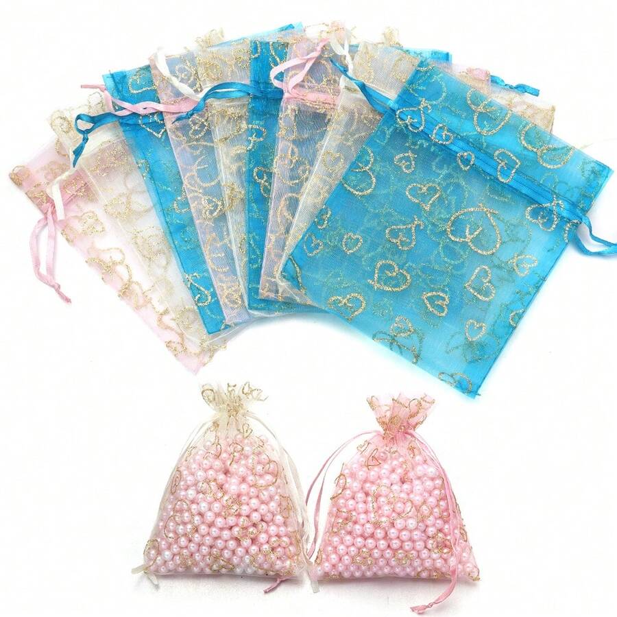 5 túi quà tặng hình trái tim bằng vải organza phủ bột vàng, túi lưới có dây rút 10*14cm, túi đựng quà tặng trang sức thời trang thanh lịch cho các dịp lễ.