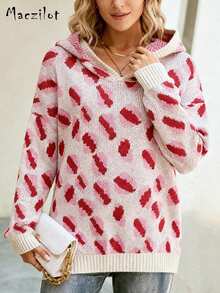 女士套头毛衣，豹纹连帽针织衫，印花设计，时尚百搭 - 玫紅色 - 查看 1
