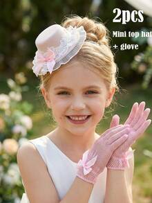 2件套薄纱蝴蝶结头饰+蝴蝶结手套，粉色薄纱迷你帽，婚礼摄影道具，婚礼装饰，派对拍照道具，婚礼配饰，花环，腕花，亲子套装 - 粉色 - 查看 1