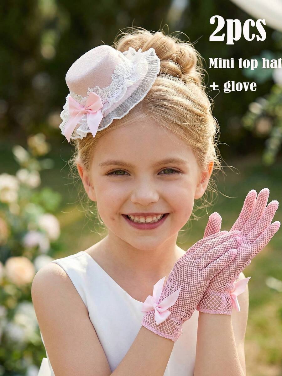 2件套薄纱蝴蝶结头饰+蝴蝶结手套，粉色薄纱迷你帽，婚礼摄影道具，婚礼装饰，派对拍照道具，婚礼配饰，花环，腕花，亲子套装 - 粉色 - 查看 1