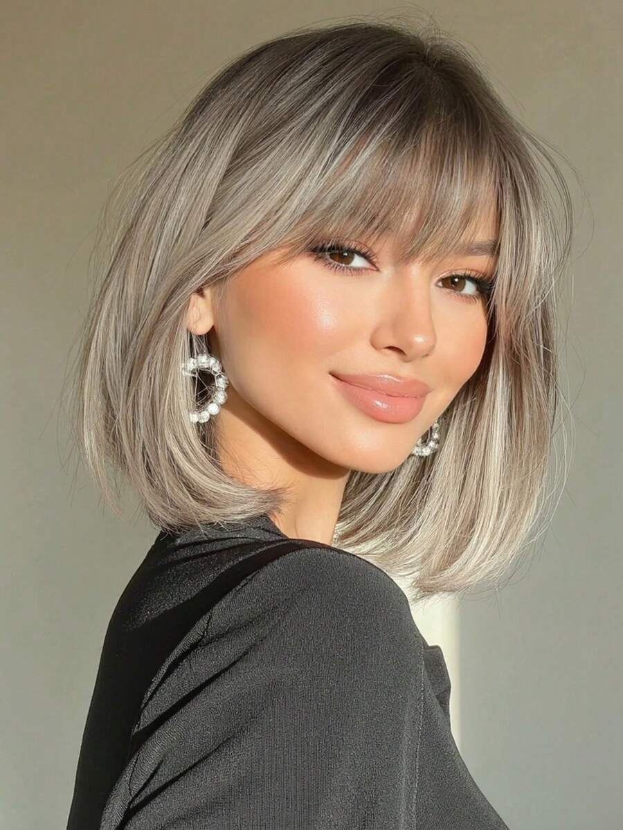1pc Short Wavy Synthetic Hair Wig With Bangs, Natural Black Color, For Women - Blonde Ombre - View 1