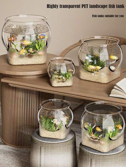 1个坚固透明圆形鱼缸，不易碎防倾倒桌面水族箱，适合饲养乌龟和小鱼，天然石材设计，多功能室内/室外装饰鱼缸