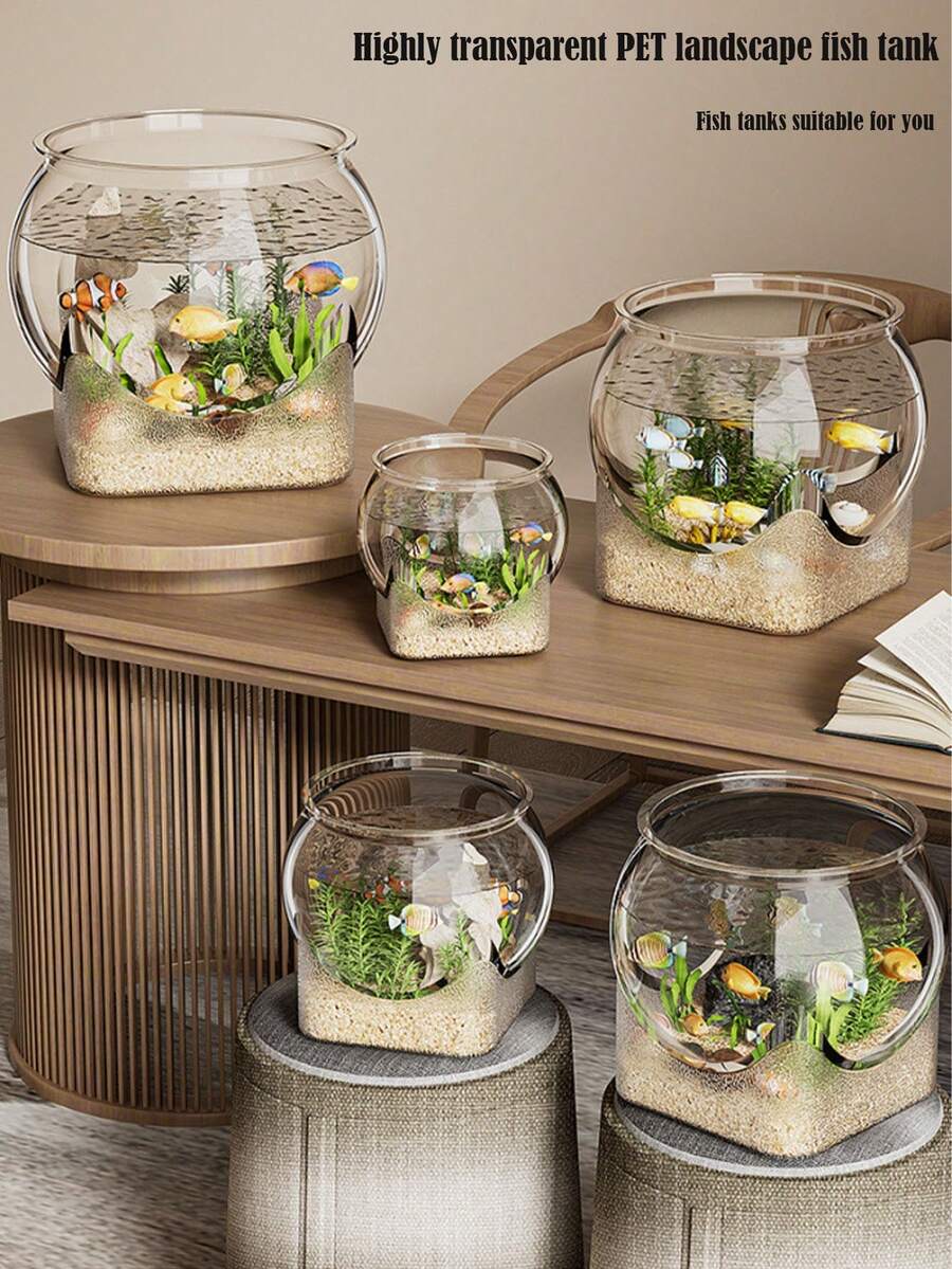 1個可調節3D魚網與堅固透明PET圓形魚缸，防碎防翻桌面水族箱，適用於烏龜和小魚，天然石材設計 - 家用與辦公室完整水族入門套裝 / 多種款式可選