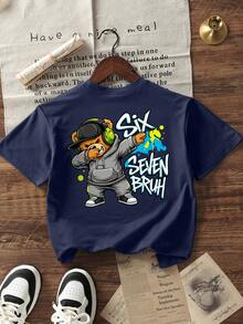 Tween Boys Casual Printed Crew Neck Short Sleeve T-Shirt, Summer Top - Navy Blue - View 3