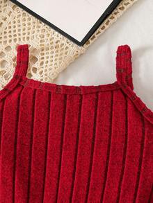 Young Girl' Fashion Casual Cute Set, Knitted Bow Jacket + Knitted Bow Strap Dress - Red - View 5