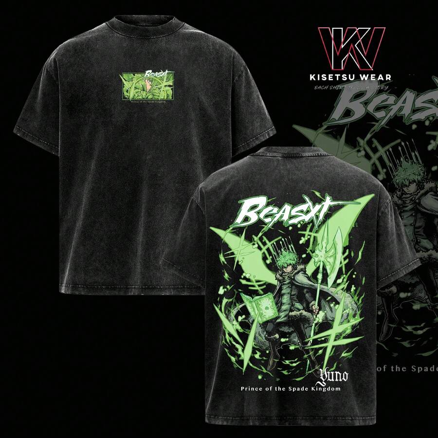 Yuno Vintage Washed Oversized T-Shirt – Black Clover Anime Graphic Tee, Spade Kingdom Prince Dark Anime Streetwear Wind Magic Shirt, Soft Cotton Casual Unisex Top, Gift For Black Clover Fans - 黑色 - 查看 1
