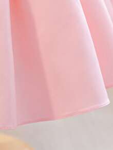 Girls Princess Dress, 3D Embroidered Petal Sleeve Dress, Flower Girl Wedding Party Dress, Baby Pink Birthday Evening Gown, Satin Knee-Length Dress - Pink - View 7