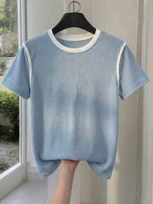 女士夏季双色圆领短袖简约休闲日常T恤上衣，可爱女士夏季上衣 - 藍色 - 查看 5