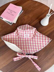 1pc Plaid Tie-Up Bucket Hat, Reversible, Suitable For Valentine's Day Gift, Travel Outfit, Daily Wear - A - View 7