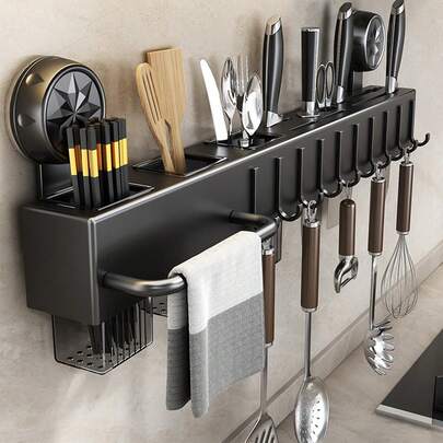 1 pieza Estante para cuchillos, tenedores y cucharas con ventosa, organizador de cubiertos de pared sin perforación, nuevo, con soporte para palillos, multiusos para cuchillos, palillos, todo en un estante colgante, adecuado para cuchillos de cocina, cucharas, palillos, espátulas