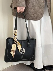 Letter Decor Casual New Large Capacity Handbag Women's Shoulder Bag, Minimalist Stylish Tote Bag - Black - View 5