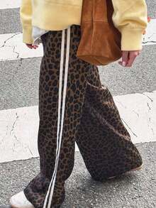 Women's Leopard Print Wide - Leg Pants With White Side Stripes, Casual Fashion Bottoms - 棕色 - 查看 1