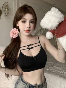 Sexy Lace Camisole With Bowknot, Women Summer Padded Bustier Crop Top Vest - Black - View 4