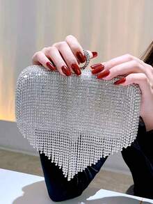 Finger Ring Crystal Tassel Evening Bags Glitter Clutch Box Purse Clutch Tassel Rhinestones Evening Bags Small Party Wedding Handbags - Silver - View 1