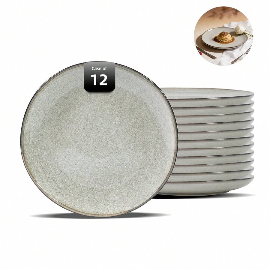 Handmade 8 Inch Ceramic Dessert Plates Set Of 12 - Organic Wavy Edge With Unique Reactive Glaze Grey, Microwave & Dishwasher, Scratch Resistant For Daily Use, Elegant Serving Dishes For Cake, Appetizers, Snacks - Grey - View 1