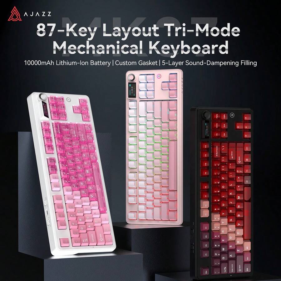 AJAZZ MK87 无线机械键盘，TKL 布局，3 种模式，10000mAh 电池，持久续航，RGB 灯效可自定义，87 键，适用于办公、游戏，兼容多种系统 - 彩色 - 查看 1