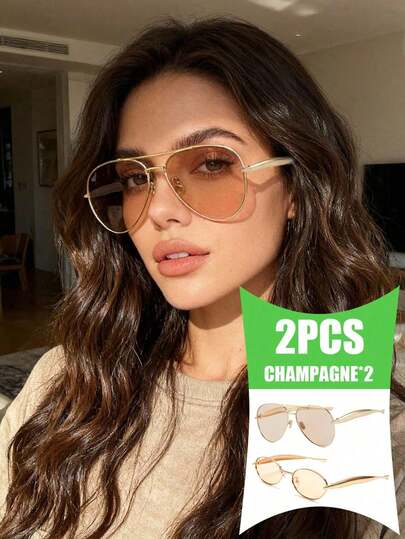 2副超大复古金属框时尚眼镜，时尚优雅女士眼镜