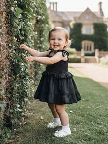 Newborn Baby Girl Denim Romper Dress Sleeveless Tie Up Shoulder Smocked Ruffle Bodysuit Summer Clothes - Black - View 4