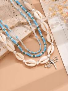 3pcs Fashionable Sexy Versatile Bohemian Ocean Style Shell, Bead & Dragonfly Pendant Necklaces, Suitable For Casual, Party, Music Festival, Beach Vacation Outfits - Baby Blue - View 2