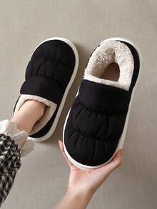 Men's Quilted Winter Slip-On Slippers, Thick Sole Low-Top Warm Indoor Slippers Boots, Soft Slip-On House Slippers - Black - View 14