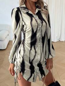 Women's Long-Sleeved Cardigan Shirt Dress With Side Drawstrings Spring Dress Women Spring Dress Spring Break Outfits Spring Outfit Women Female Carnival Costume - Gray Black - View 5