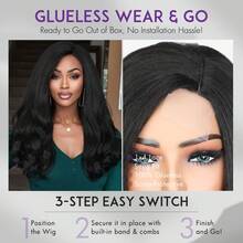 22英寸女士蕾丝分缝波浪卷发合成假发，无胶无缝全头卷发耐热合成编织假发，适合日常佩戴，黑色 - 黑色 - 查看 7