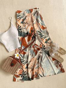 Women's Tropical Plant Print A-Line Maxi Skirt With Slit, Loose And Comfortable, Suitable For Spring/Summer Vacation - Multicolor - View 2