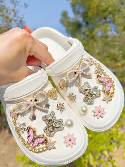 18pcs Detachable Decorative Accessories Set Including Sequin Teddy Bear, Bow, Pink Butterfly, Heart, Flower, Pentagram, Suitable For Sandals, Slippers, Clogs, Beach Shoes, All Seasons, Great Holiday Gift