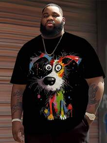 男士大码休闲圆领T恤，涤纶针织面料，舒适透气，时尚休闲卡通系列“可爱涂鸦波点小狗”图案印花，休闲街头风清新系列，新颖上衣 - 黑色 - 查看 1