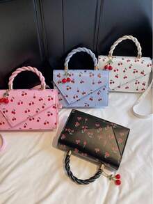 女孩可爱樱桃印花女士钱包，编织手柄女士手提包，不对称女士托特包，翻盖女士单肩包，适合女孩，办公，日常通勤，休闲，摄影，度假，礼物 - 彩色 - 查看 2