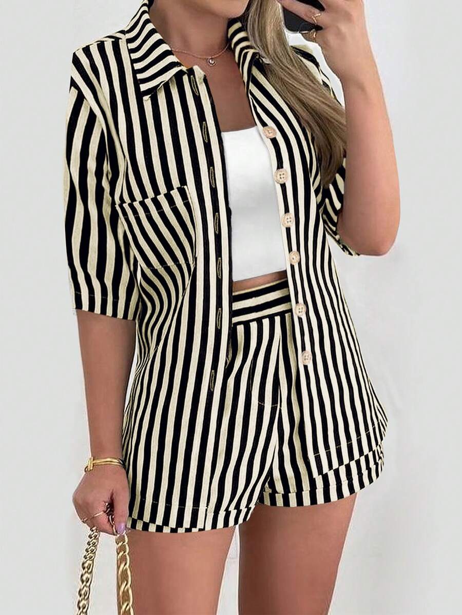 Women's Casual Striped Shirt And Shorts Set, Short Sleeve Top With Shorts, Suitable For Daily Wear, Elegant Ladies Outfit, Summer Holiday Beach Wear