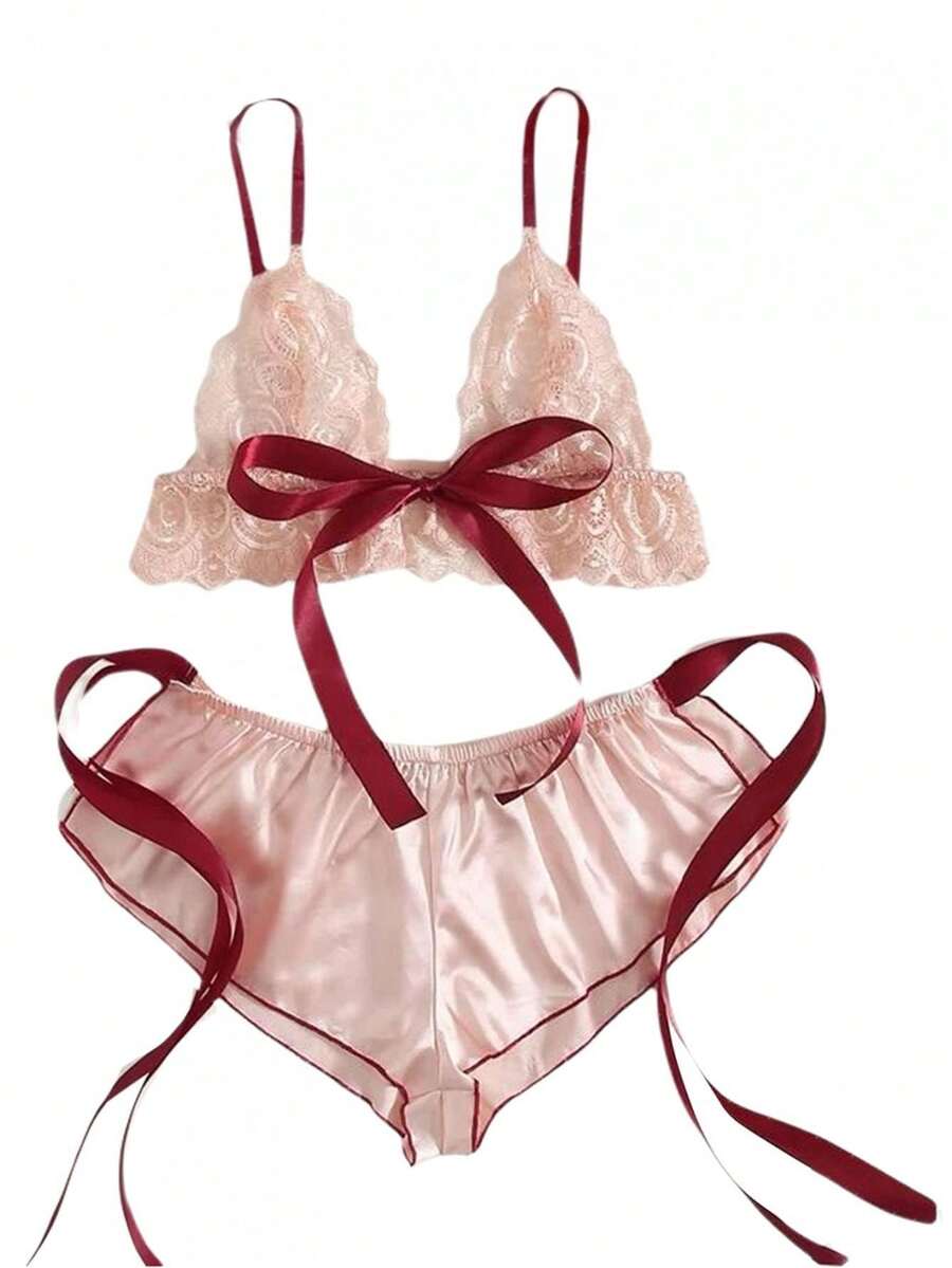 Women's Two-Piece Lingerie, Color Block See-Through Bandage Bra + Panties For Nights - Hồng - Xem 1