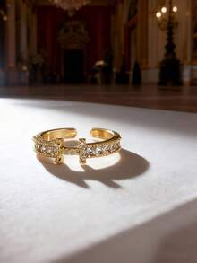 18K镀金H形戒指，镶嵌立方氧化锆，简约几何设计，可调节个性化戒指，新款时尚配饰，现代简约风格的优雅礼物 - 金色 - 查看 1