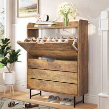 Shoe Storage Cabinet With 2 Flip Drawers, Wooden Shoe Rack Organizer Cabinet With Adjustable Shelf, Narrow Shoe Cabinet For Entryway, Hallway, Living Room (Oak) - 橡木 - 查看 1