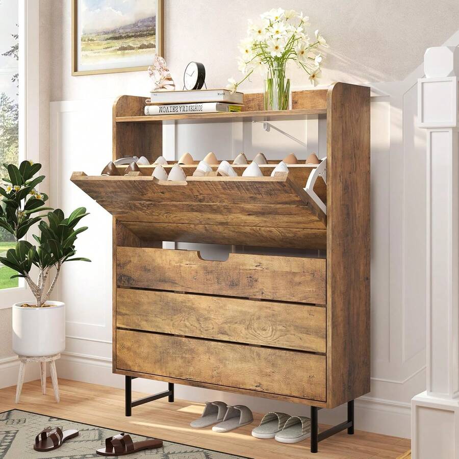 Shoe Storage Cabinet With 2 Flip Drawers, Wooden Shoe Rack Organizer Cabinet With Adjustable Shelf, Narrow Shoe Cabinet For Entryway, Hallway, Living Room (Oak) - 橡木 - 查看 1