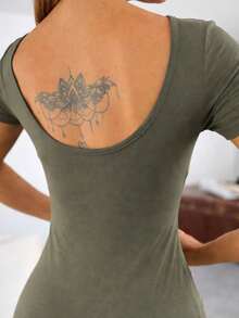 Women's Short-Sleeved, Backless, Slit-Detailed Viscose Dress. , 31145 - Khaki - View 3
