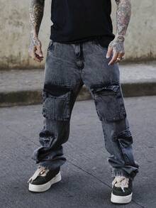 Men's Cargo Jeans With Multiple Pockets, No Elastane - 黑色大理石紋 - 查看 4