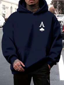 Flannel Hoodie With Playing Cards, Spade Design, Streetwear, Cotton - 藏蓝色 - 查看 2