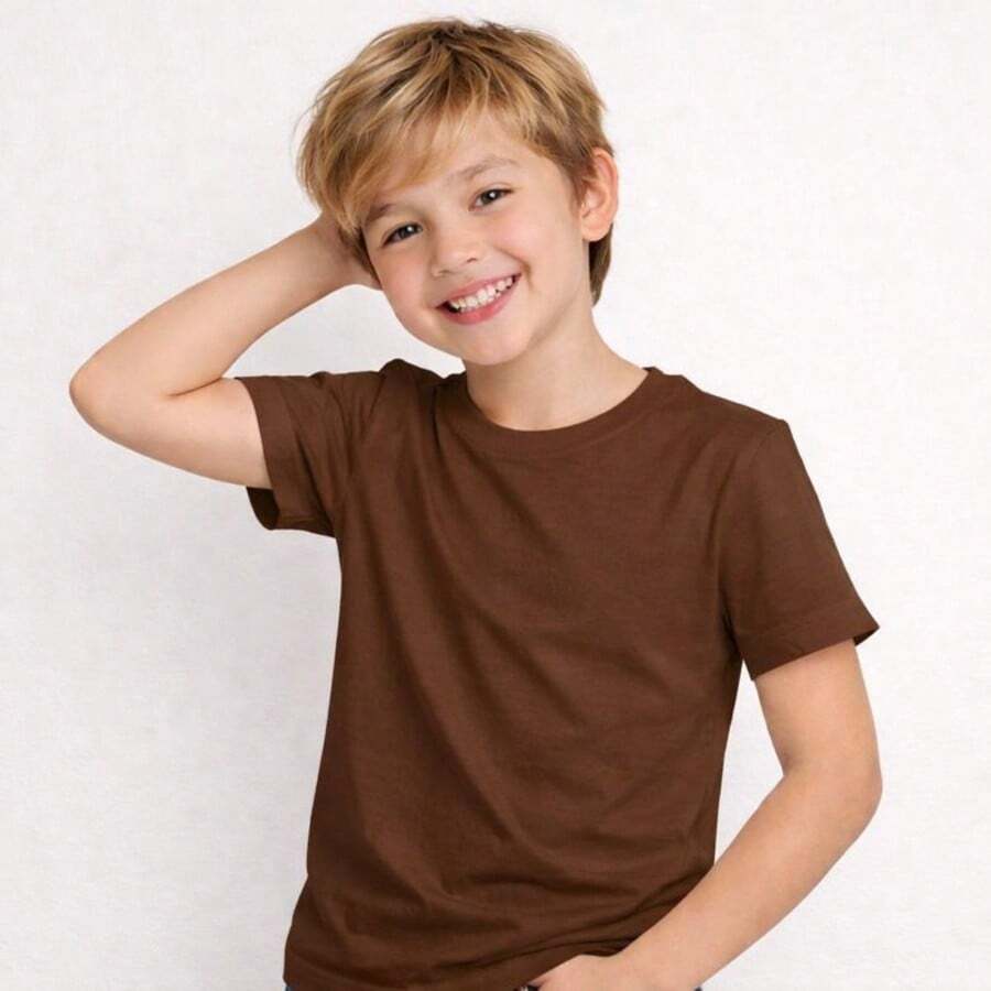 Camiseta Básica Infantil 100% Algodão Masculina Tamanho do 0 ao 16 Leve, Fresco para Dia a Dia, Escola, Passeio e Festas - Marrom - Visão 1