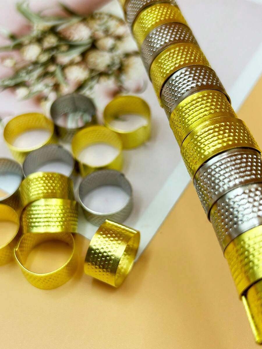 10pcs Adjustable Thimble Rings, Open Design Metal Finger Protectors, Gold & Silver Colors, Essential For Sewing, Embroidery, Leathercraft, DIY Handcraft, Great Gift For Crafters - 10 Thimbles - View 1