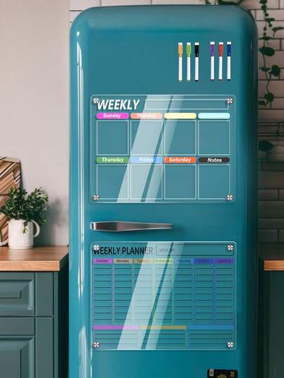 1 套磁性亚克力白板，磁性冰箱贴留言计划展示板，彩色留言白板，透明书写板，用于计划展示、日历、周/月计划（包含 6 支白板笔、磁性螺丝）