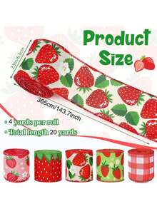 1 Roll/5 Rolls 2.5 Inch Strawberry Plaid Printed Colored Edged Satin Ribbon, Suitable For Summer DIY Craft Floral Wreath, Bow, Gift Box Packaging - Strawberry - View 2